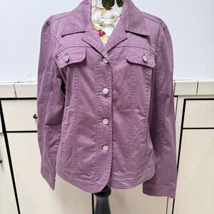 DRESS BARN JACKET MAUVE COTTON SILVER SWIRL BUTTON HI LO HEM SIZE LARGE